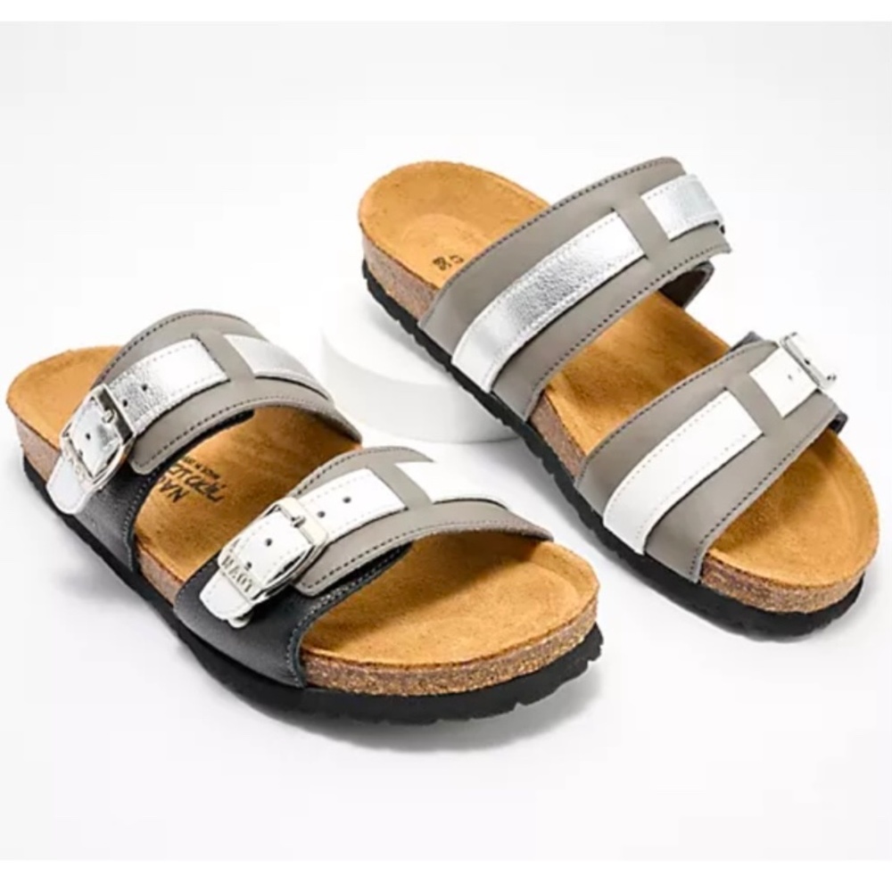 Naot Santa Cruz Leather Double Strap Slide Sandals Black/Gray/Silver SZ 40 EU